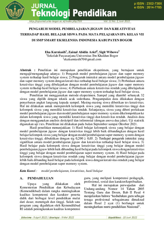 Pengaruh Model Pembelajaran Jigsaw Dan Kreativitas Terhadap Hasil Belajar Siswa Pada Mata Pelajaran Ipa Kelas Vii Di Smp Smart Ekselensia Indonesia Kabupaten Bogor.pdf