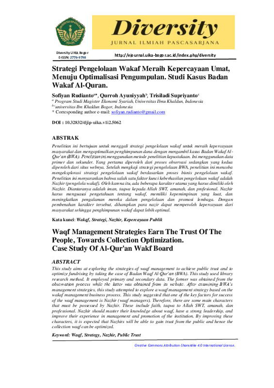 Strategi Pengelolaan Wakaf Meraih Kepercayaan Umat, Menuju Optimalisasi Pengumpulan Studi Kasus Badan Wakaf Al-Quran.pdf