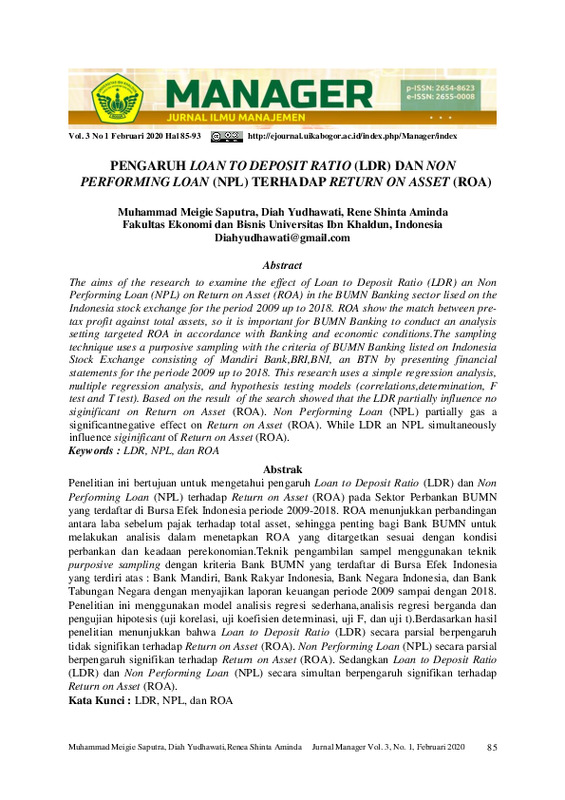 Pengaruh loan to deposit ratio (LDR) dan non performing loan (NPL) terhadap return on asset (ROA).pdf Pengaruh loan to deposit ratio (LDR) dan non performing loan (NPL) terhadap return on asset (ROA).pdf