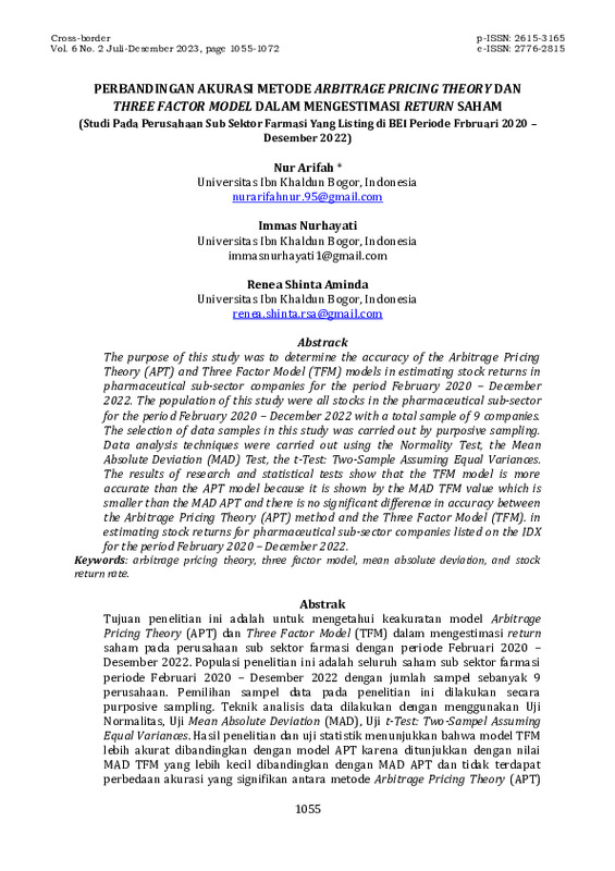 PERBANDINGAN AKURASI METODE ARBITRAGE PRICING THEORY DAN THREE FACTOR MODEL DALAM MENGESTIMASI RETURN SAHAM.pdf