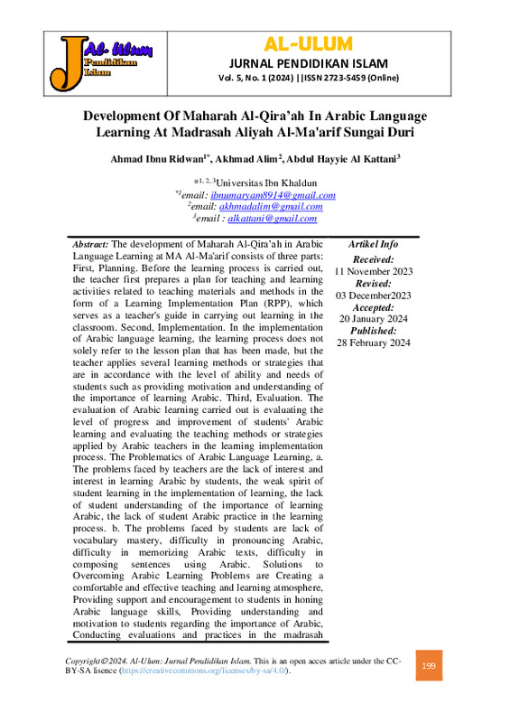 Development Of Maharah Al-Qira’ah In Arabic Language Learning At Madrasah Aliyah Al-Ma'arif Sungai Duri.pdf