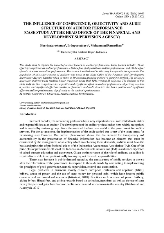 The Influence Of Competence, Objectivity And Audit Structure On Auditor Performance (Case Study At The Head Office Of The Financial And Development Supervision Agency).pdf
