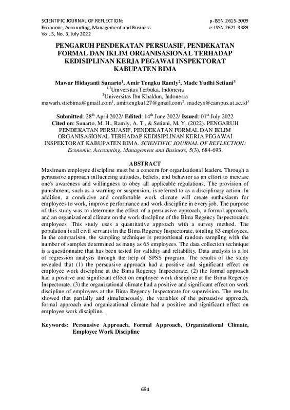 Pengaruh Pendekatan Persuasif, Pendekatan Formal dan Iklim Organisasional terhadap Kedisiplinan Kerja Pegawai Inspektorat Kabupaten Bima.pdf
