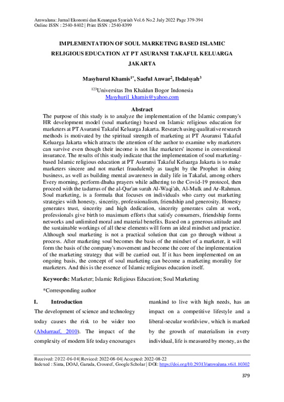 IMPLEMENTATION OF SOUL MARKETING BASED ISLAMIC RELIGIOUS EDUCATION AT PT ASURANSI TAKAFUL KELUARGA JAKARTA.pdf IMPLEMENTATION OF SOUL MARKETING BASED ISLAMIC RELIGIOUS EDUCATION AT PT ASURANSI TAKAFUL KELUARGA JAKARTA.pdf