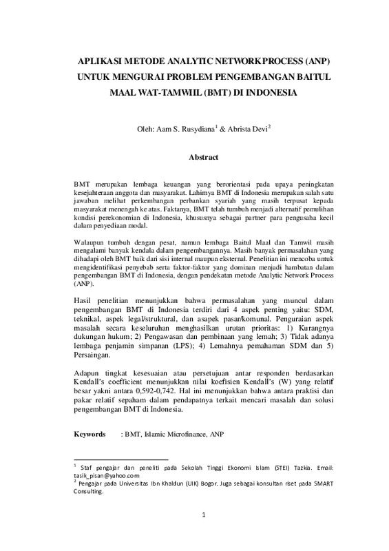 Aplikasi Metode Analytic Network Process (ANP) Untuk Mengurai Problem Pengembangan Baitul Maal Wat-Tamwiil (BMT) Di Indonesia.pdf