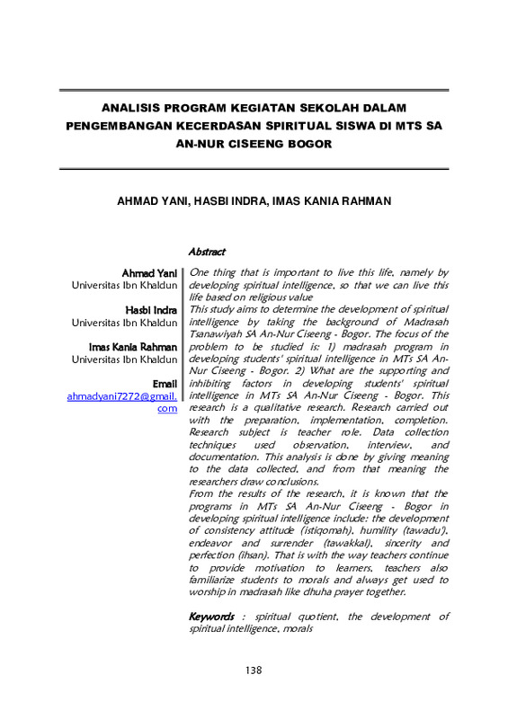 Analisis Program Kegiatan Sekolah Dalam Pengembangan Kecerdasan Spiritual Siswa di MTs SA An-Nur Ciseeng Bogor.pdf