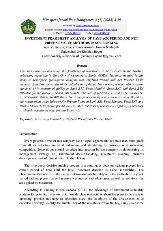 INVESTMENT FEASIBILITY ANALYSIS OF PAYBACK PERIOD AND NET PRESENT VALUE METHODS IN SOE BANKING.pdf INVESTMENT FEASIBILITY ANALYSIS OF PAYBACK PERIOD AND NET PRESENT VALUE METHODS IN SOE BANKING.pdf