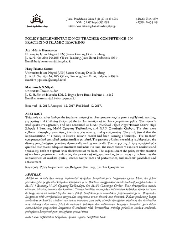 Policy Implementation of Teacher Competence in Practicing Islamic Teaching.pdf Policy Implementation of Teacher Competence in Practicing Islamic Teaching.pdf