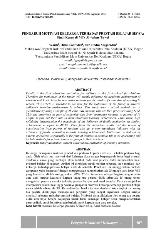 Pengaruh motivasi keluarga terhadap prestasi belajar siswa Studi kasus di MTs Al-Azhar Tuwel.pdf