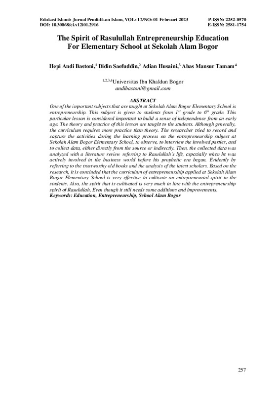 The Spirit of Rasulullah Entrepreneurship Education For Elementary School at Sekolah Alam Bogor.pdf