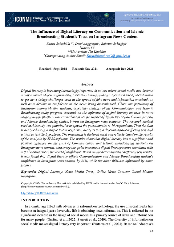 THE INFLUENCE OF DIGITAL LITERACY ON ISLAMIC COMMUNICATION BROADCASTING STUDENT’S TRUST ON INSTAGRAM NEWS CONTENT.pdf
