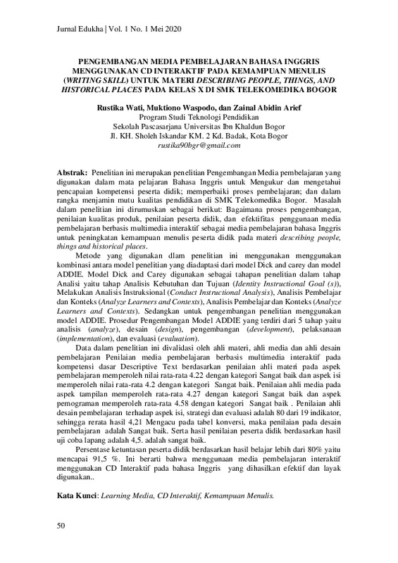 Pengembangan Media Pembelajaran Bahasa Inggris Menggunakan Cd Interaktif Pada Kemampuan Menulis (Writing Skill) Untuk Materi Describing People, Things, And Historical Places ….pdf