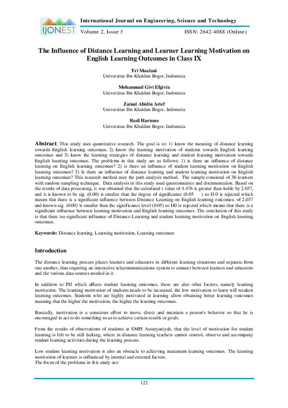 The Influence of Distance Learning and Learner Learning Motivation on English Learning Outcomes in Class IX.pdf The Influence of Distance Learning and Learner Learning Motivation on English Learning Outcomes in Class IX.pdf