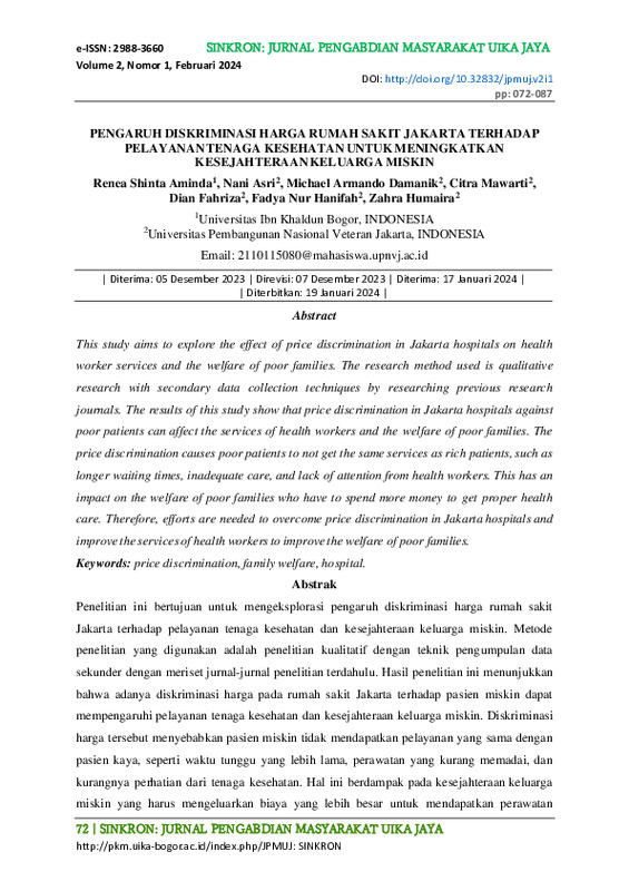 PENGARUH DISKRIMINASI HARGA RUMAH SAKIT JAKARTA TERHADAP PELAYANAN TENAGA KESEHATAN UNTUK MENINGKATKAN KESEJAHTERAAN KELUARGA MISKIN.pdf PENGARUH DISKRIMINASI HARGA RUMAH SAKIT JAKARTA TERHADAP PELAYANAN TENAGA KESEHATAN UNTUK MENINGKATKAN KESEJAHTERAAN KELUARGA MISKIN.pdf