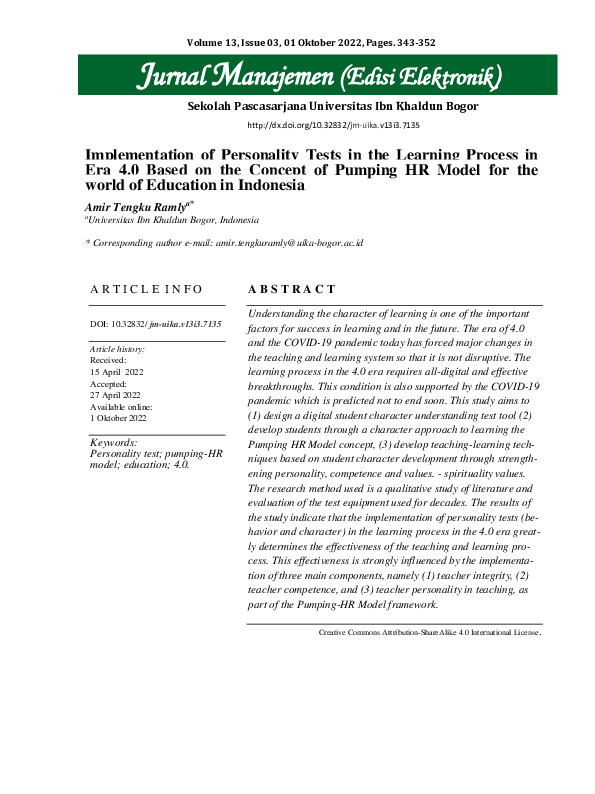 Implementation of Personality Tests in the Learning Process in Era 4.0 Based on the Concept of Pumping HR Model for the world of Education in Indonesia.pdf