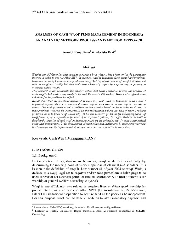 Analysis of cash waqf fund management in Indonesia an Analytic Network Process (ANP) method approach.pdf