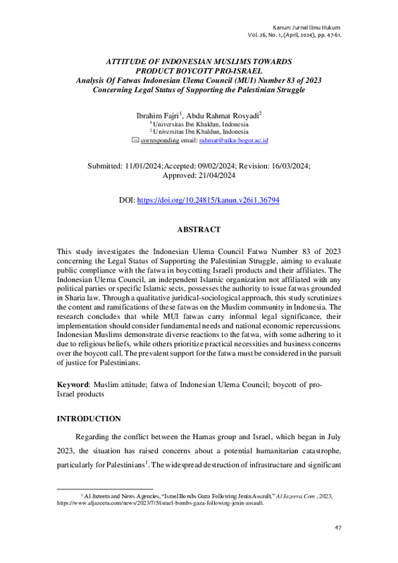 ATTITUDE OF INDONESIAN MUSLIMS TOWARDS PRODUCT BOYCOTT PRO-ISRAEL Analysis Of Fatwas Indonesian Ulema Council (MUI) Number 83 of 2023 Concerning Legal Status of Supporting the ….pdf ATTITUDE OF INDONESIAN MUSLIMS TOWARDS PRODUCT BOYCOTT PRO-ISRAEL Analysis Of Fatwas Indonesian Ulema Council (MUI) Number 83 of 2023 Concerning Legal Status of Supporting the ….pdf