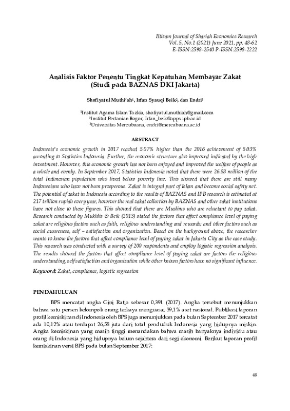 Analisis faktor penentu tingkat kepatuhan membayar zakat (studi pada BAZNAS DKI Jakarta).pdf