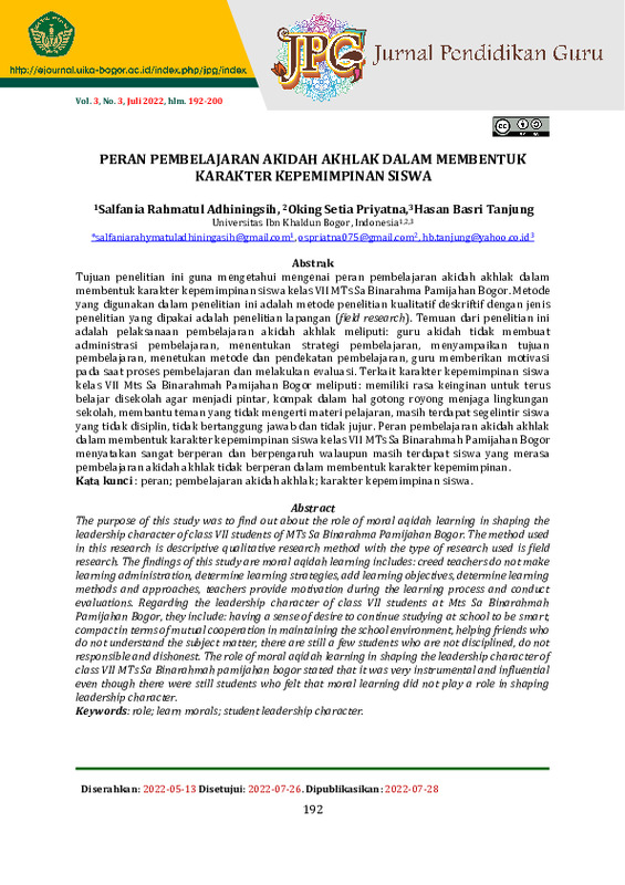 PERAN PEMBELAJARAN AKIDAH AKHLAK DALAM MEMBENTUK KARAKTER KEPEMIMPINAN SISWA.pdf