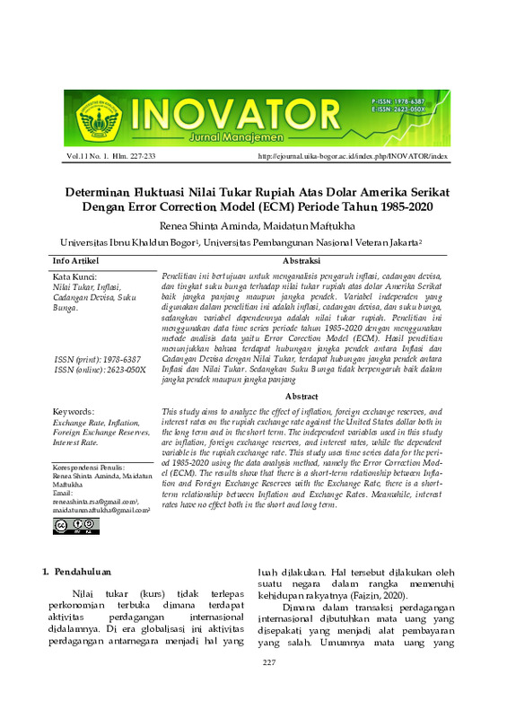 Determinan Fluktuasi Nilai Tukar Rupiah Atas Dolar Amerika Serikat Dengan Error Correction Model (ECM) Periode Tahun 1985-2020.pdf Determinan Fluktuasi Nilai Tukar Rupiah Atas Dolar Amerika Serikat Dengan Error Correction Model (ECM) Periode Tahun 1985-2020.pdf