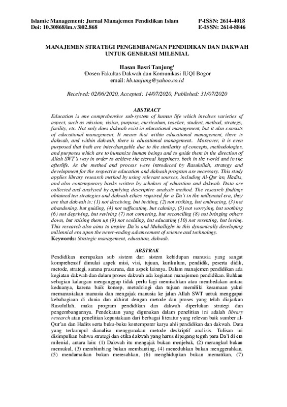 Manajemen Strategi Pengembangan Pendidikan Dan Dakwah Untuk Generasi Milenial.pdf