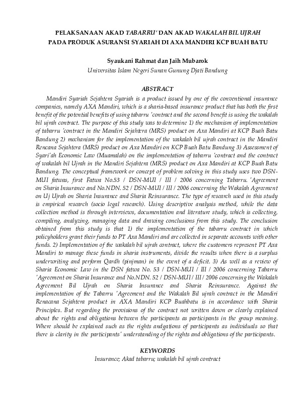 Pelaksanaan Akad Tabarru’dan Akad Wakalah Bil Ujrah pada Produk Asuransi Syariah di Axa Mandiri KCP Buah Batu.pdf