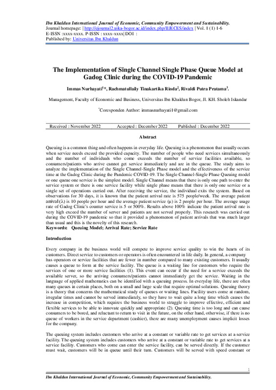 The Implementation of Single Channel Single Phase Queue Model at Gadog Clinic during the COVID-19 Pandemic.pdf The Implementation of Single Channel Single Phase Queue Model at Gadog Clinic during the COVID-19 Pandemic.pdf