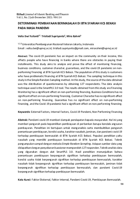 Determinan Pembiayaan Bermasalah di BTN Syariah KCS Bekasi Pada Masa Pandemi.pdf