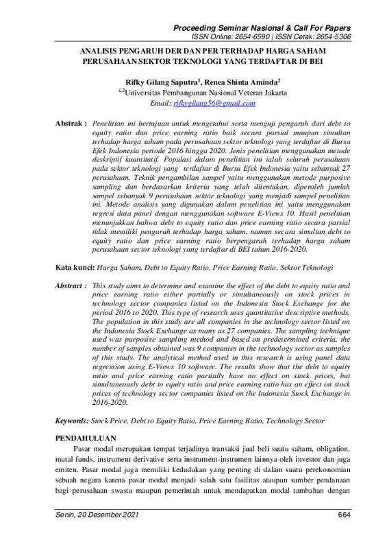 Analisis pengaruh DER dan PER terhadap harga saham perusahaan sektor teknologi yang terdaftar di BEI.pdf Analisis pengaruh DER dan PER terhadap harga saham perusahaan sektor teknologi yang terdaftar di BEI.pdf