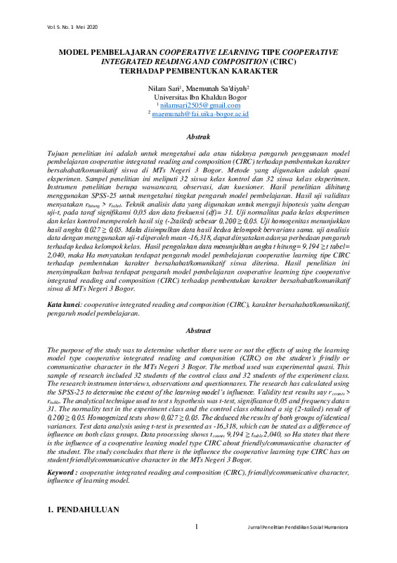 MODEL PEMBELAJARAN COOPERATIVE LEARNING TIPE COOPERATIVE INTEGRATED READING AND COMPOSITION (CIRC) TERHADAP PEMBENTUKAN KARAKTER.pdf MODEL PEMBELAJARAN COOPERATIVE LEARNING TIPE COOPERATIVE INTEGRATED READING AND COMPOSITION (CIRC) TERHADAP PEMBENTUKAN KARAKTER.pdf