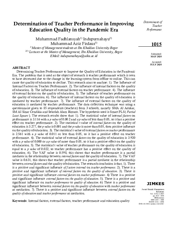 Determination of Teacher Performance in Improving Education Quality in the Pandemic Era.pdf Determination of Teacher Performance in Improving Education Quality in the Pandemic Era.pdf