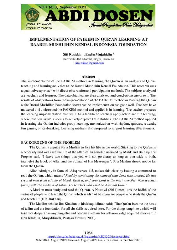 IMPLEMENTATION OF PAIKEM IN QUR'AN LEARNING AT DAARUL MUSHLIHIN KENDAL INDONESIA FOUNDATION.pdf
