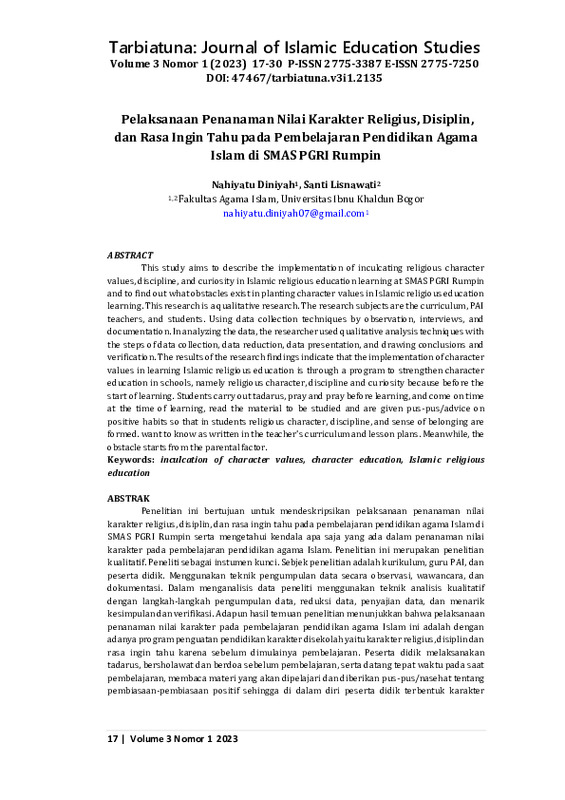 Pelaksanaan Penanaman Nilai Karakter Religius, Disiplin, dan Rasa Ingin Tahu pada Pembelajaran Pendidikan Agama Islam di SMAS PGRI Rumpin.pdf