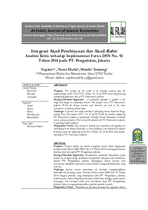 Integrasi Akad Pembiayaan dan Akad Rahn Analisis Kritis terhadap Implementasi Fatwa DSN No. 92 Tahun 2014 pada PT. Pengadaian, Jakarta.pdf Integrasi Akad Pembiayaan dan Akad Rahn Analisis Kritis terhadap Implementasi Fatwa DSN No. 92 Tahun 2014 pada PT. Pengadaian, Jakarta.pdf