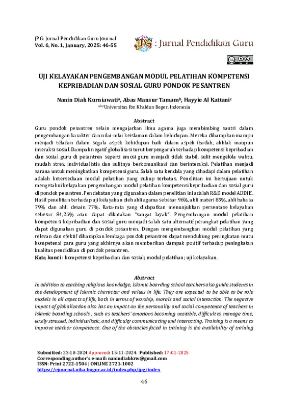 UJI KELAYAKAN PENGEMBANGAN MODUL PELATIHAN KOMPETENSI KEPRIBADIAN DAN SOSIAL UNTUK GURU PONDOK PESANTREN.pdf