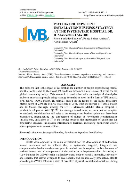 PSYCHIATRIC INPATIENT INSTALLATION BUSINESS STRATEGY AT THE PSYCHIATRIC HOSPITAL DR. H. MARZOEKI MAHDI.pdf PSYCHIATRIC INPATIENT INSTALLATION BUSINESS STRATEGY AT THE PSYCHIATRIC HOSPITAL DR. H. MARZOEKI MAHDI.pdf