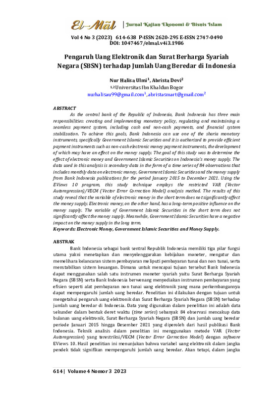 Pengaruh Uang Elektronik dan Surat Berharga Syariah Negara (SBSN) terhadap Jumlah Uang Beredar di Indonesia.pdf