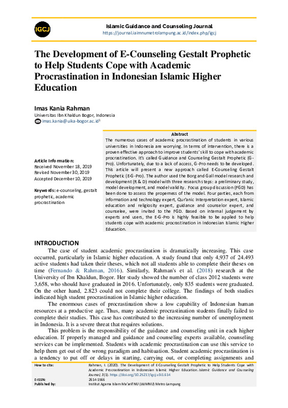 The development of e-counseling gestalt prophetic to help students cope with academic procrastination in indonesian islamic higher education.pdf The development of e-counseling gestalt prophetic to help students cope with academic procrastination in indonesian islamic higher education.pdf