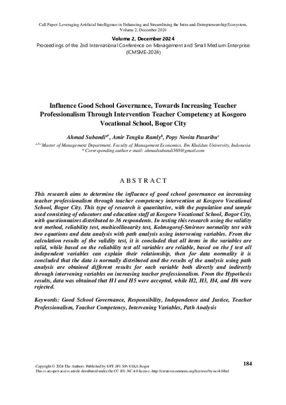 Influence Good School Governance, Towards Increasing Teacher Professionalism Through Intervention Teacher Competency at Kosgoro Vocational School, Bogor City.pdf