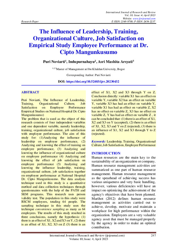 The Influence of Leadership, Training, Organizational Culture, Job Satisfaction on Empirical Study Employee Performance at Dr. Cipto Mangunkusumo.pdf