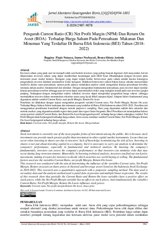 Pengaruh Current Ratio (CR) Net Profit Margin (NPM) Dan Return On Asset (ROA) Terhadap Harga Saham Pada Perusahaan Makanan Dan Minuman Yang Terdaftar Di Bursa Efek Indonesia ….pdf