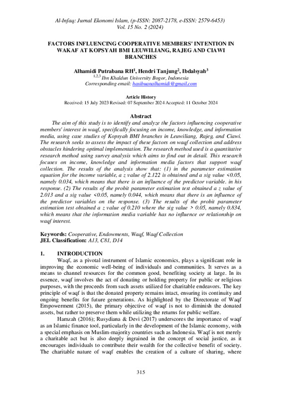 FACTORS INFLUENCING COOPERATIVE MEMBERS'INTENTION IN WAKAF AT KOPSYAH BMI LEUWILIANG, RAJEG AND CIAWI BRANCHES.pdf FACTORS INFLUENCING COOPERATIVE MEMBERS'INTENTION IN WAKAF AT KOPSYAH BMI LEUWILIANG, RAJEG AND CIAWI BRANCHES.pdf