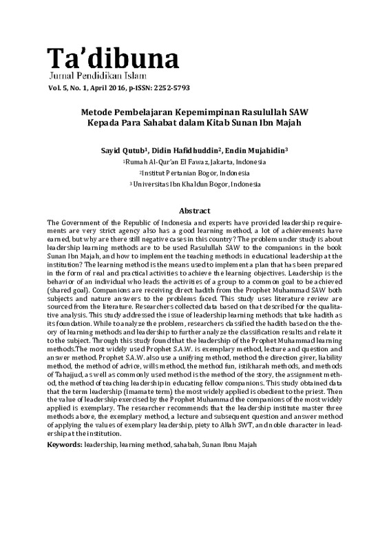 Metode Pembelajaran Kepemimpinan Rasulullah SAW Kepada Para Sahabat dalam Kitab Sunan Ibn Majah.pdf