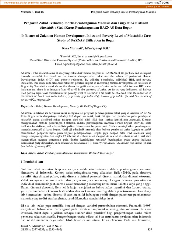 Pengaruh zakat terhadap indeks pembangunan manusia dan tingkat kemiskinan mustahik Studi kasus pendayagunaan BAZNAS kota Bogor.pdf