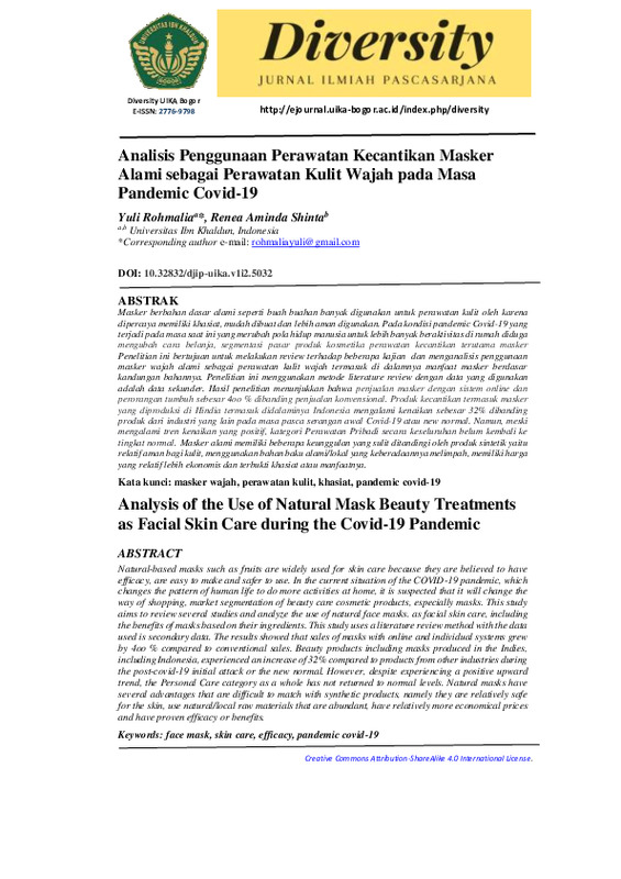 Analisis Penggunaan Perawatan Kecantikan Masker Alami sebagai Perawatan Kulit Wajah pada Masa Pandemic Covid-19.pdf Analisis Penggunaan Perawatan Kecantikan Masker Alami sebagai Perawatan Kulit Wajah pada Masa Pandemic Covid-19.pdf
