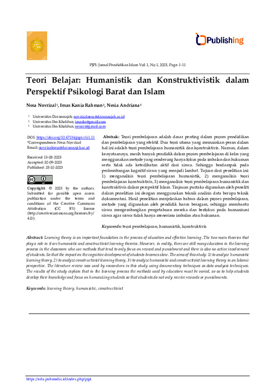 Teori Belajar Humanistik dan Konstruktivistik dalam Perspektif Psikologi Barat dan Islam.pdf Teori Belajar Humanistik dan Konstruktivistik dalam Perspektif Psikologi Barat dan Islam.pdf