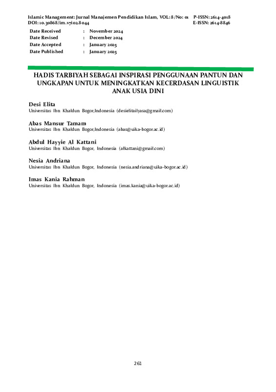HADIS TARBIYAH SEBAGAI INSPIRASI PENGGUNAAN PANTUN DAN UNGKAPAN UNTUK MENINGKATKAN KECERDASAN LINGUISTIK ANAK USIA DINI.pdf HADIS TARBIYAH SEBAGAI INSPIRASI PENGGUNAAN PANTUN DAN UNGKAPAN UNTUK MENINGKATKAN KECERDASAN LINGUISTIK ANAK USIA DINI.pdf