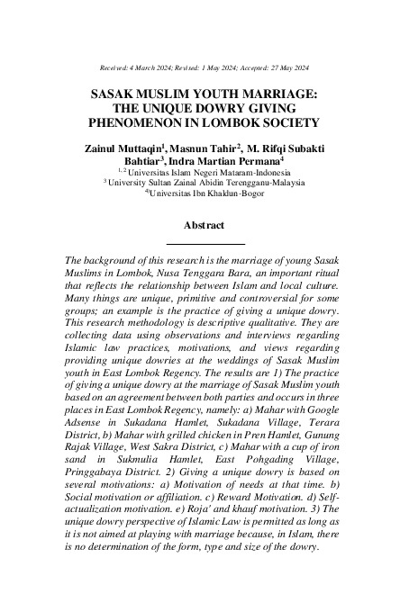Sasak Muslim Youth Marriage The Unique Dowry Giving Phenomenon in Lombok Society.pdf Sasak Muslim Youth Marriage The Unique Dowry Giving Phenomenon in Lombok Society.pdf