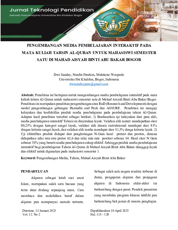 PENGEMBANGAN MEDIA PEMBELAJARAN INTERAKTIF PADA MATA KULIAH TAHSIN AL-QURAN UNTUK MAHASISWI SEMESTER SATU DI MAHAD AISYAH BINTI ABU BAKAR BOGOR.pdf