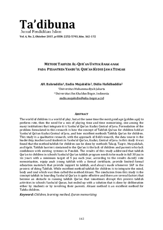 Metode Tahfizh Al-Quran untuk Anak-Anak pada Pesantren Yanbu'ul Qur’an Kudus Jawa Tengah.pdf